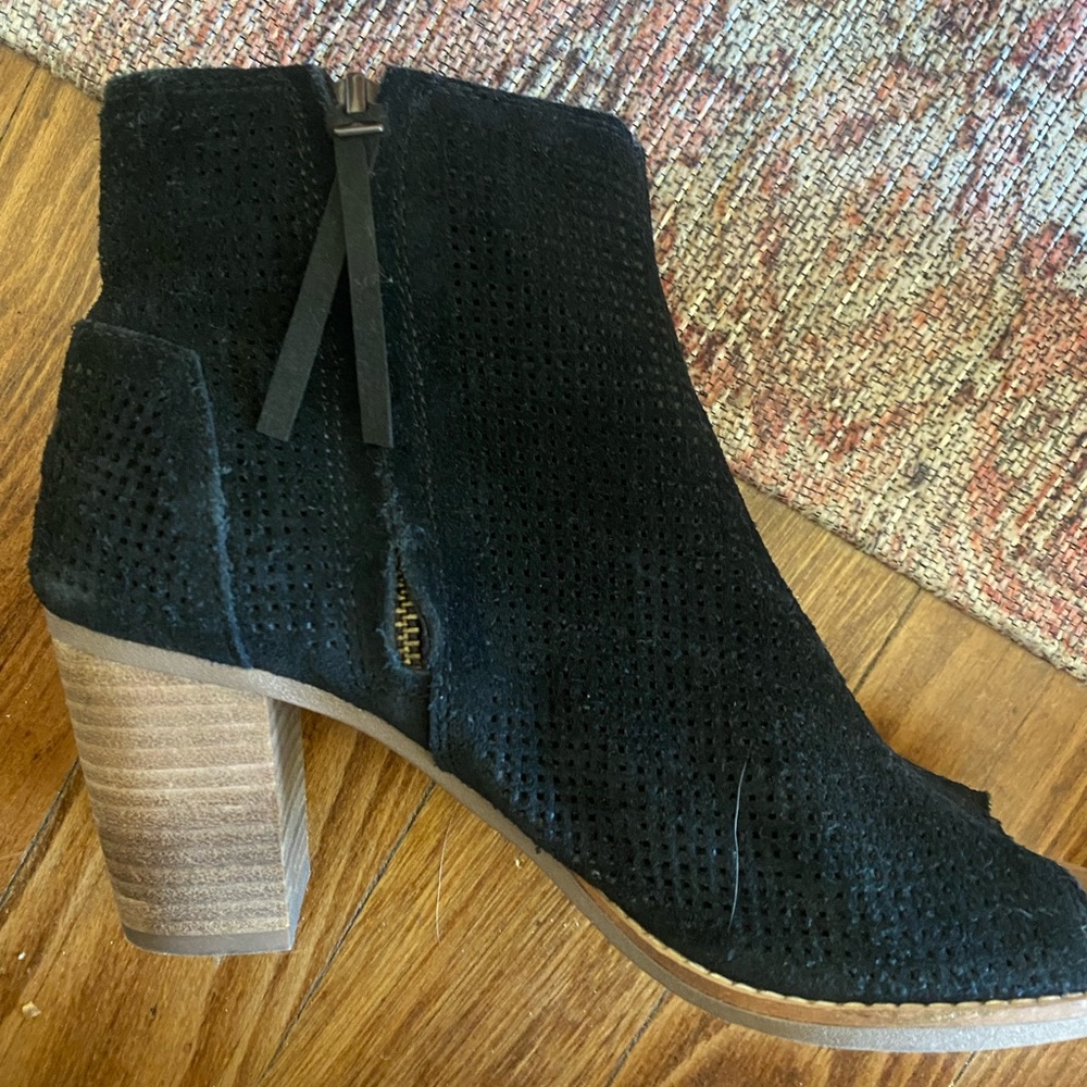 Black suede open toe heels